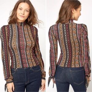 Free People Donatella Turtleneck  Long Tie Sleeve Paisley Print Top Boho Sz S P